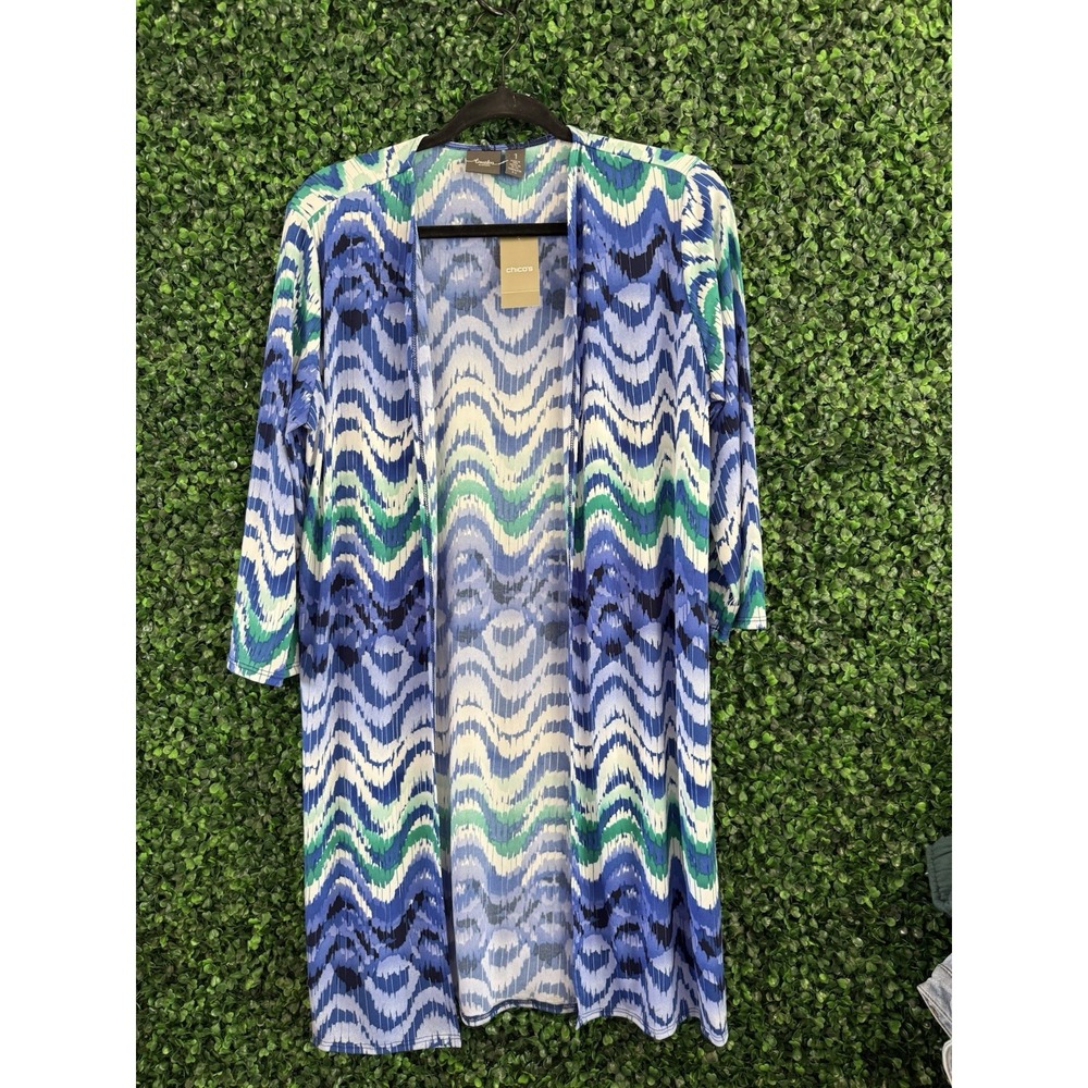 Chico's Travelers Duster Open 3/4 Sleeve Slit Sides Jersey Multi-Color Size 1